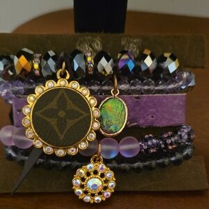 Upcycled Gold-Tone Purple Multi-Bead Layered Charm Bracelet
